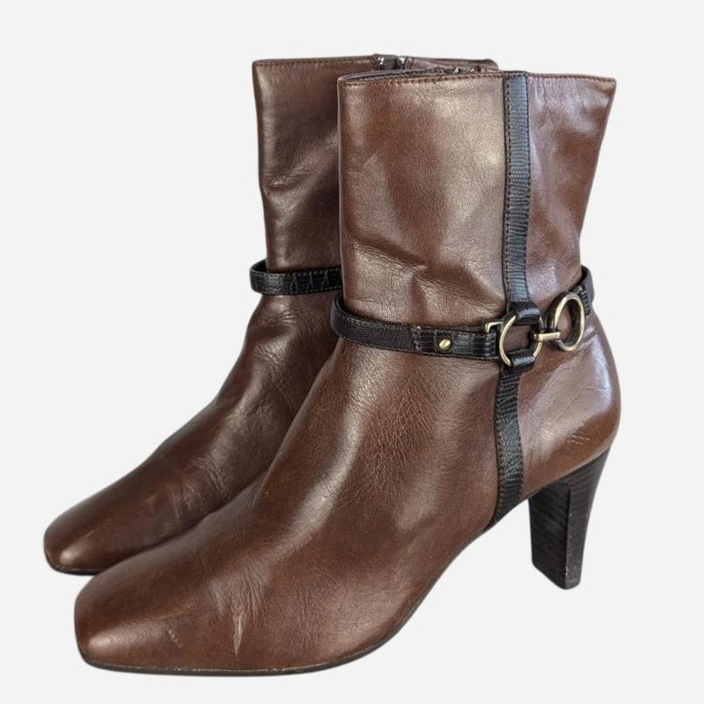 Vintage 90s Liz Claiborne Cecil Horsebit Harness Heel Ankle Boot Brown 6.5 - Picture 2 of 9